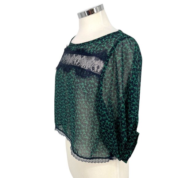 Lush Green Navy Sheer Lace Accent Blouse Half Sleeve Size Medium - Picture 5 of 11